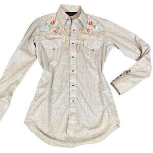 VTG Sears Western Shirt Pearl Snap Flower Chainstitch 70s Cowboy Rodeo S #204B